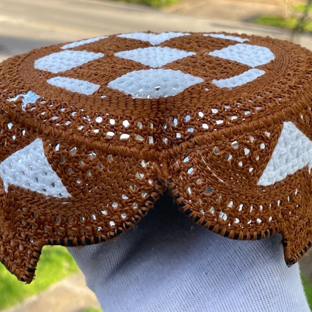 Handmade Men Hat Brown/White Embroidery Sindhi Cap Topi Cultural Hat